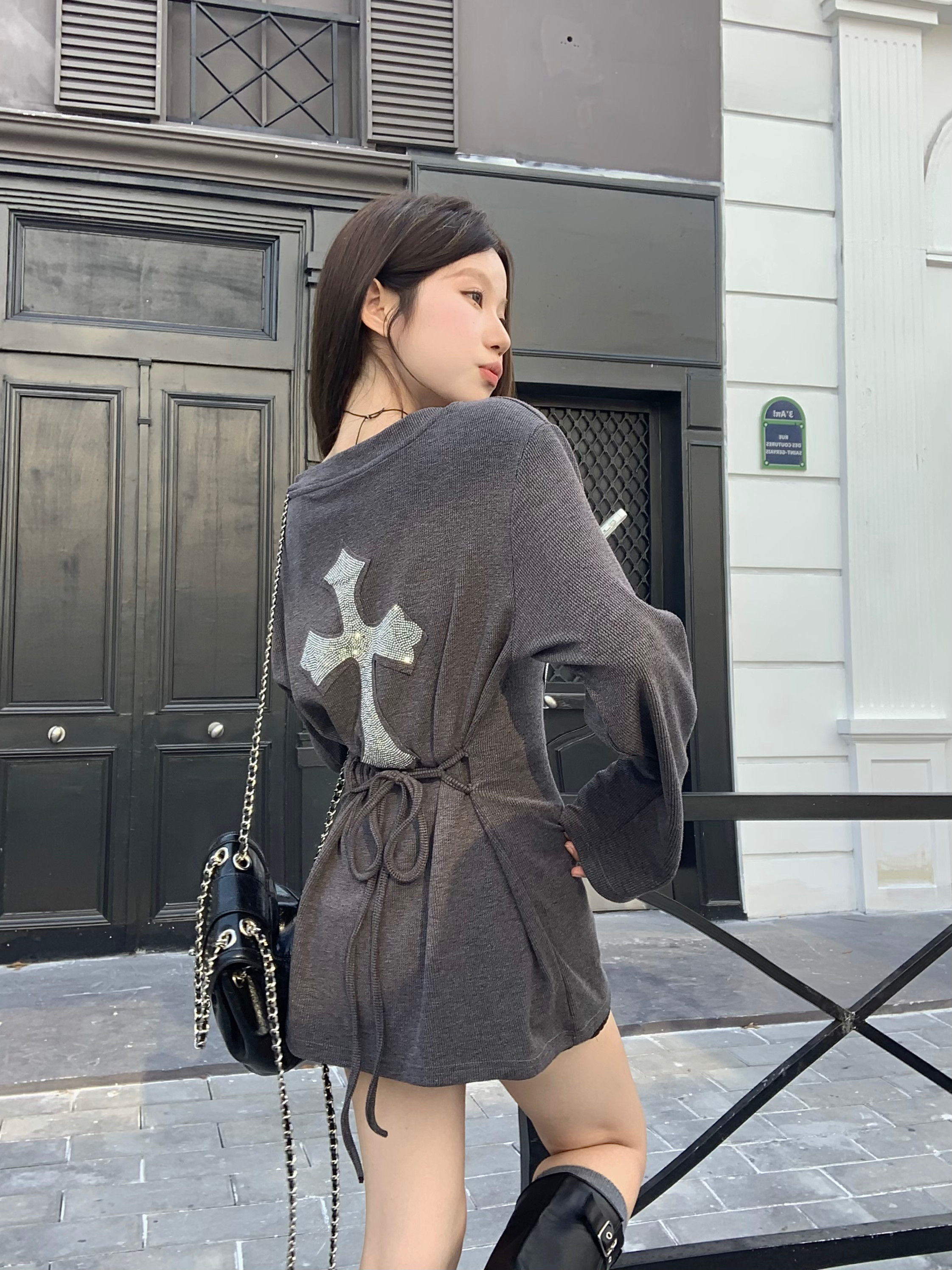 Real shot cross v-neck long-sleeved knitted dress women's slimming strap short skirt elegant gray a word skirt 