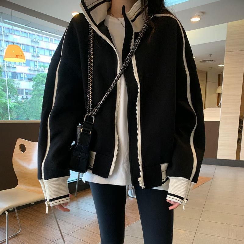 Black spliced ​​stand-up collar baseball uniform jacket for women spring and autumn American retro small fragrance gentle wind little jacket top