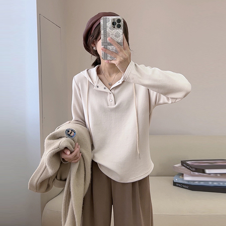 Official picture hooded sweatshirt for women spring and autumn new solid color design sense of age reduction and slimming inner layering shirt top