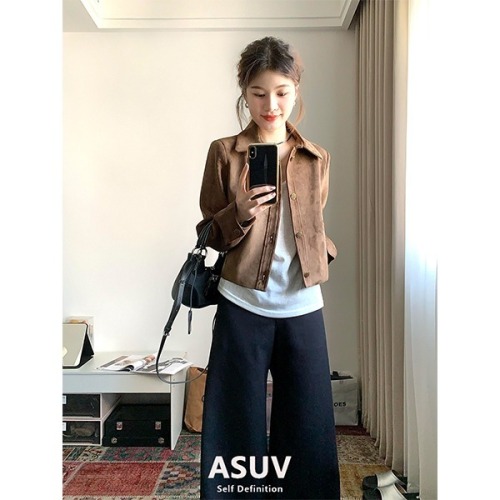 Maillard brown suede short jacket for women autumn 2024 new style high-end small retro temperament jacket