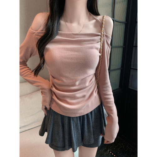 New style brushed plus velvet off-shoulder halterneck pink long-sleeved T-shirt for women