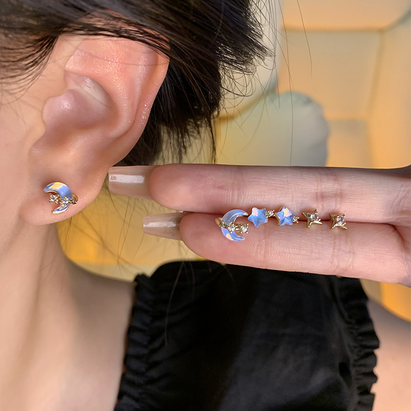 S925銀針甜美氣質漸變色星月耳釘超閃鋯石六件套耳環套裝耳飾