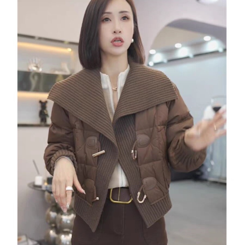 Maillard Autumn and Winter Wear Women's High-end Navy Collar Knitted Splicing Short Simple Down Jacket and Cotton Jacket