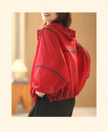 New summer tops, versatile, lightweight, comfortable, contrasting colors, hooded, loose short coat, sun protection clothing, women's thin, trendy