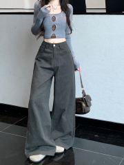 Women's Autumn High-Waisted Vintage Plain Color Loose Wide Leg Straight Leg Pants with Drop Length Hem, American Style Casual Pants