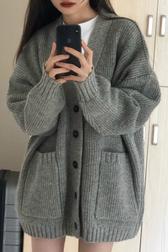  autumn and winter lazy style sweater cardigan gentle spring and autumn mid-length v-neck loose gray sweater jacket for women