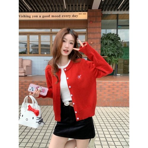 Photo-shoot Korean-style versatile single-button cardigan butterfly embroidery arctic wool knit jacket top