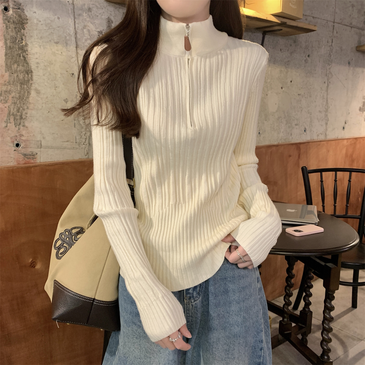 Photographed Autumn/Winter Korean Style Elegant Zipper Collar Slimming Versatile Knit Top Long Sleeve Base Layer Tunic