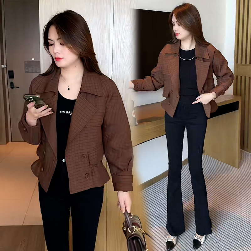 Autumn new retro style simple short windbreaker versatile high-end double-breasted jacket