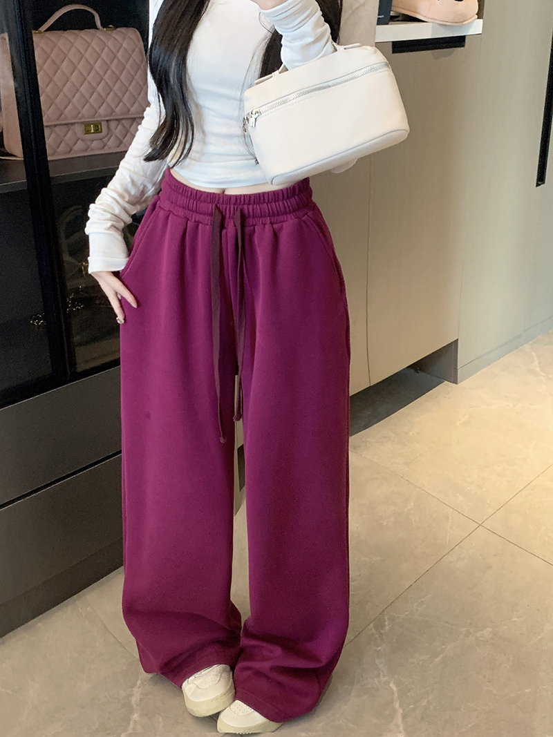 實拍慵懶風灰色休閒褲秋季衛褲女高腰直筒褲闊腿褲長褲垂感拖地褲