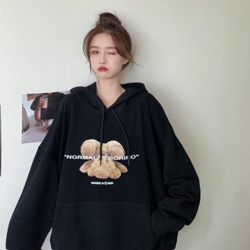 Autumn Korean version 2024 new loose medium-length cute bear print hooded age-reducing large size long-sleeved sweatshirt for women