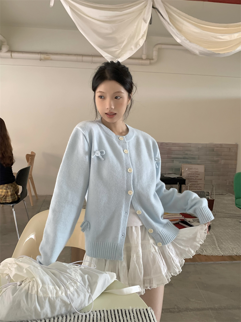 實拍~韓系溫柔芭蕾風蝴蝶結顯白藍色毛衣開衫外套