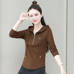 Pure cotton, versatile, fashionable, slim waisted, long-sleeved, new hooded zipper design T-shirt, trendy simple commuting top