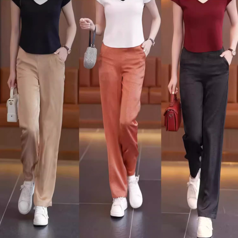 Summer new style women's ice silk wide-leg pants, straight-leg pants, casual pants, large size high-waisted long pants
