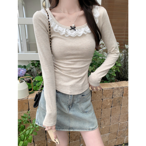 Lace plus velvet and thickened brushed long-sleeved T-shirt for women in autumn and winter