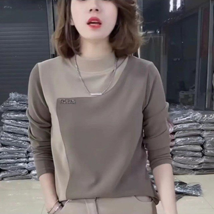 Autumn and winter fashion new color block letter label women's T-shirt half turtleneck versatile age-reducing flesh-covering warm top