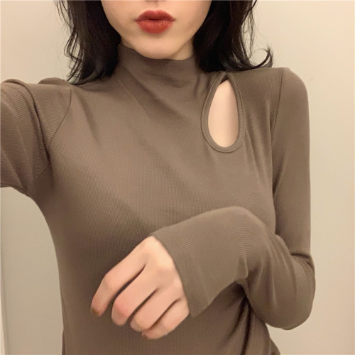 Threaded half turtleneck autumn and winter style inner slim fit discreet top with collarbone exposed long-sleeved T-shirt