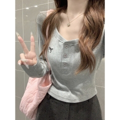 Real shot of autumn and winter Korean style square collar button embroidery design versatile short long-sleeved bottoming T-shirt top for women