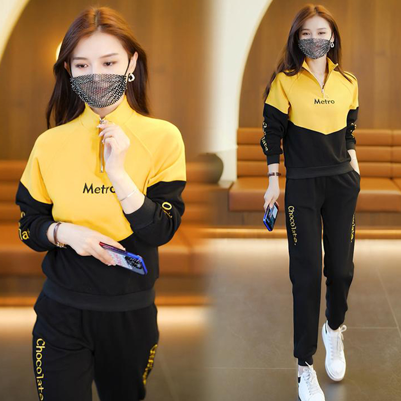 Official photo pure cotton fashion sportswear suit for women spring and autumn new style long-sleeved sweatshirt stand collar two-piece set