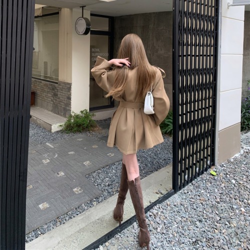 Real shot!  British style super good-looking double-breasted windbreaker coat for women petite autumn and winter high-end coat