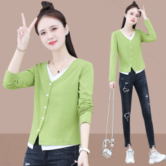 Official photo of pure cotton fashionable long-sleeved T-shirt for women spring and autumn new V-neck irregular age-reducing button-down shirt top