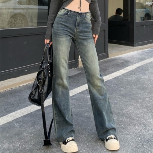 Real shot!  Retro Raw Edge High Waist Jeans Women's Elastic Slim Loose Slightly Spicy Trousers Trendy