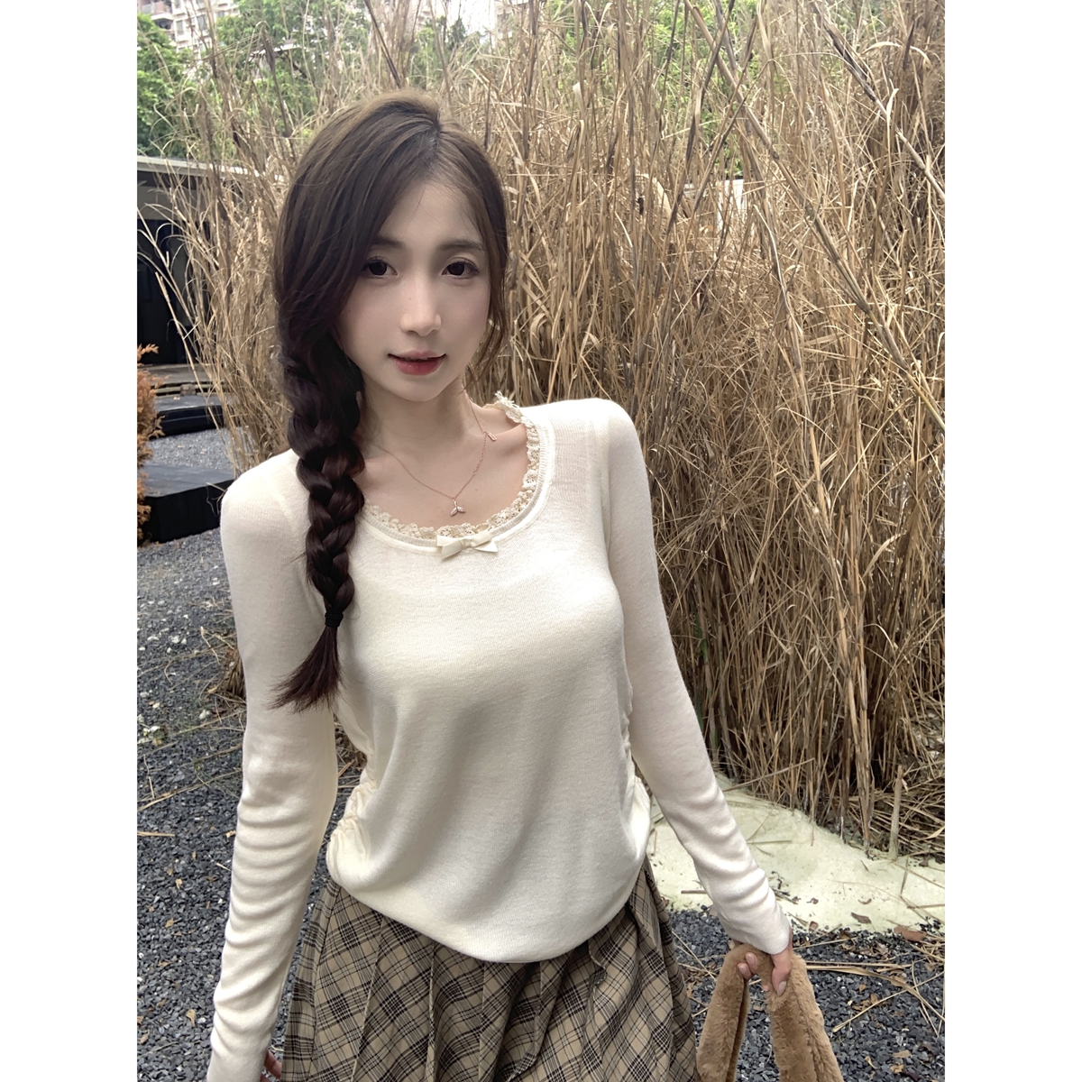 實拍 秋冬韓版花邊拼接褶皺甜美顯瘦6羊毛針織衫打底長袖上衣