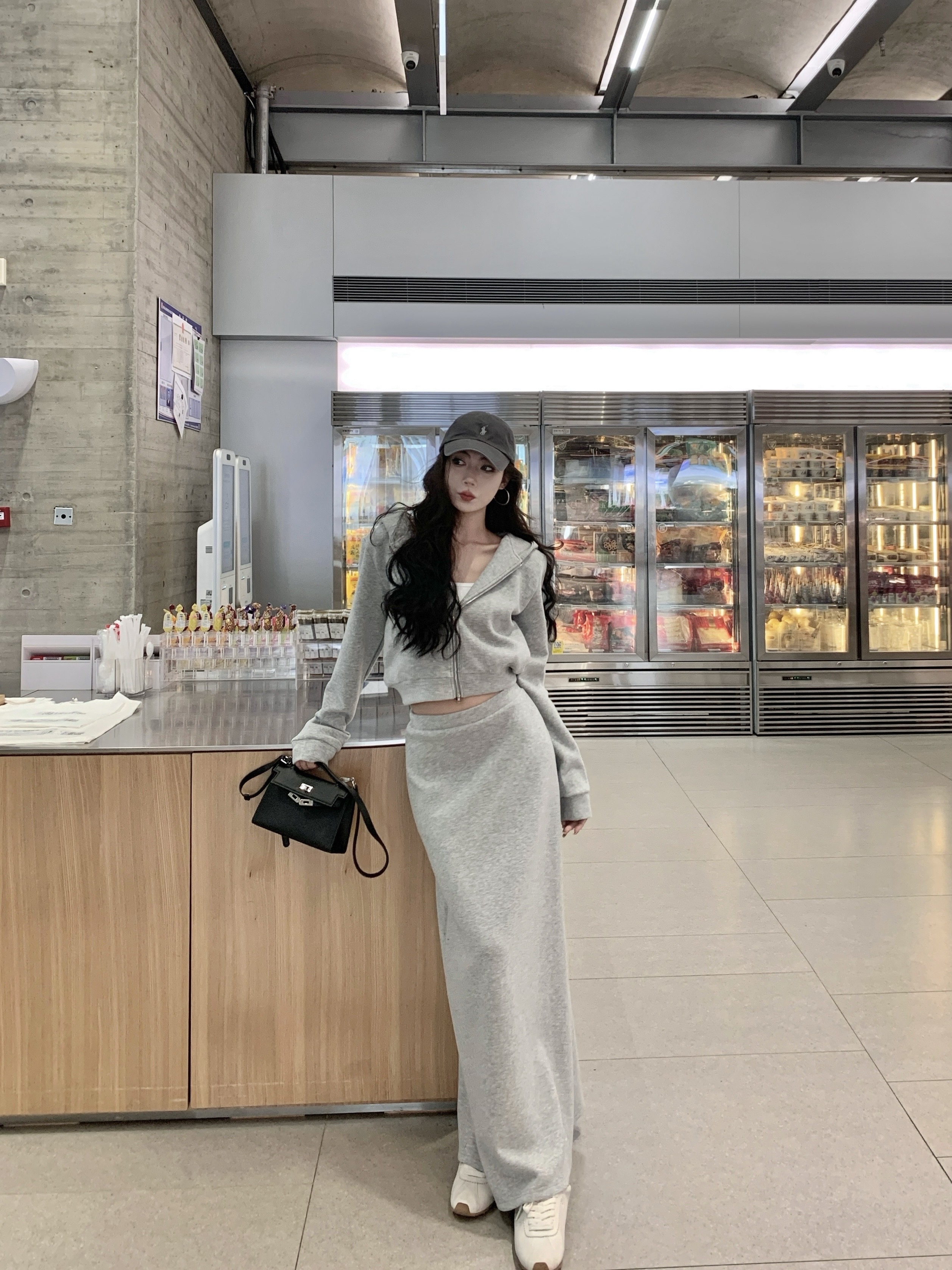 Photographed Lazy Commute Hooded Zipper Sweatshirt Solid Color Versatile A-line Skirt Two-Piece Set