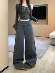 Shot Casual Grey Autumn Winter Women's High-Waist Straight Leg Wide Leg Long Trousers with Drape Floor-Length Pants