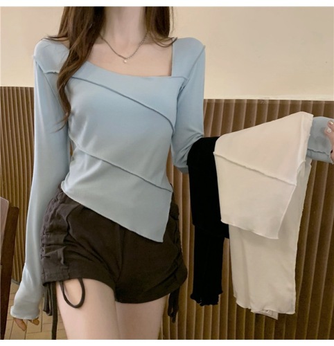 Threaded Autumn and Winter Hot Girl Slim Fit Irregular Top Trendy Ins Girl Square Neck T-Shirt Long Sleeve