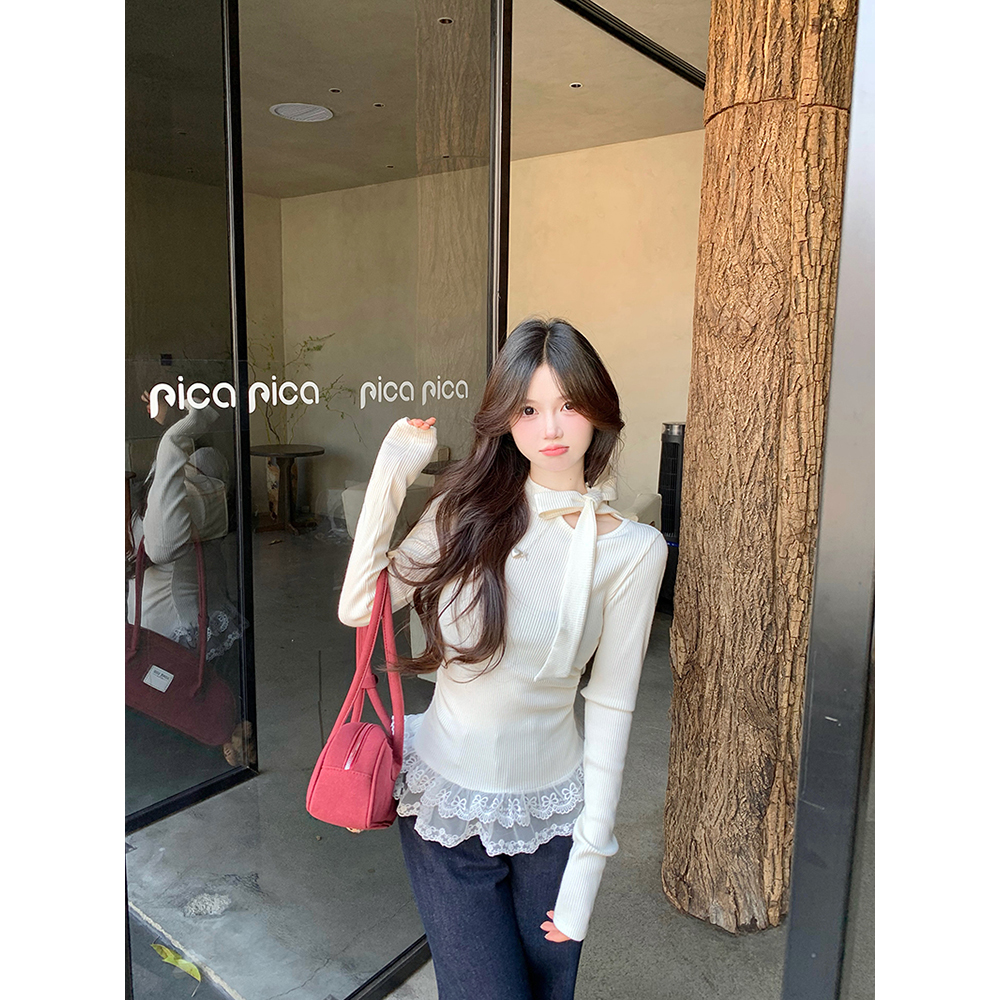 Photographed Fall White Bow Lace Splicing T-shirt Long-sleeved Top