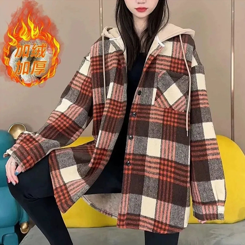 Official picture plus velvet thickened long-sleeved plaid shirt jacket autumn and winter new large size women's clothing to cover the belly for small people
