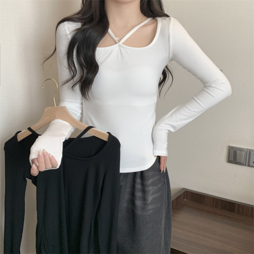 Milk silk design niche short T-shirt women's long-sleeved bottoming shirt slim fit trendy top