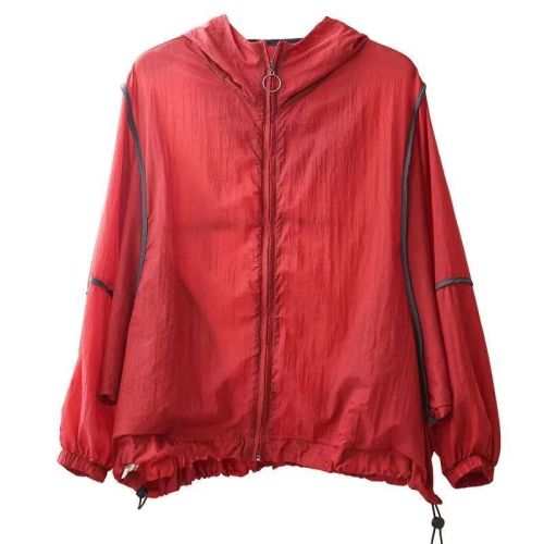 New summer tops, versatile, lightweight, comfortable, contrasting colors, hooded, loose short coat, sun protection clothing, women's thin, trendy
