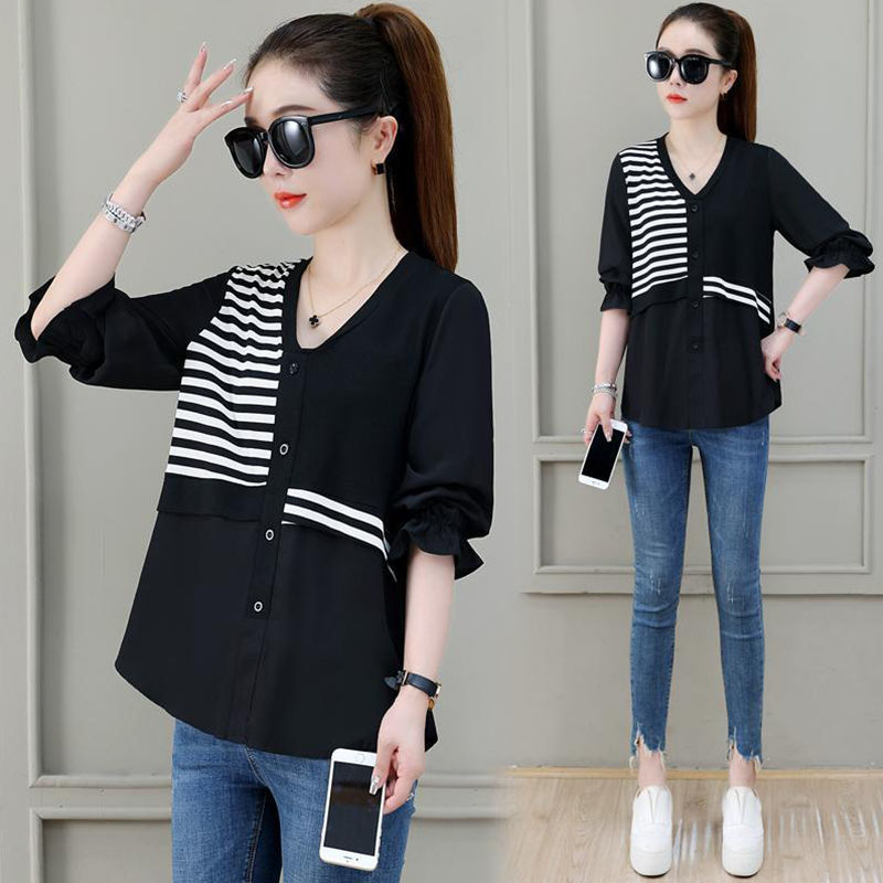 Official Photo Fashionable Spliced ​​Shirt Women's Spring and Autumn New Style Striped Loose Fake Two-Piece Versatile Autumn Top