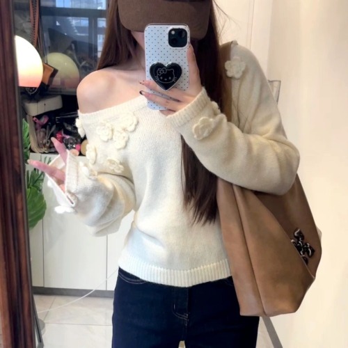 2024 Autumn New Style Knitted Sweater Casual Korean Style Pure Desire High-level 3D Flower Slant Collar Off-Shoulder Slim Sweater