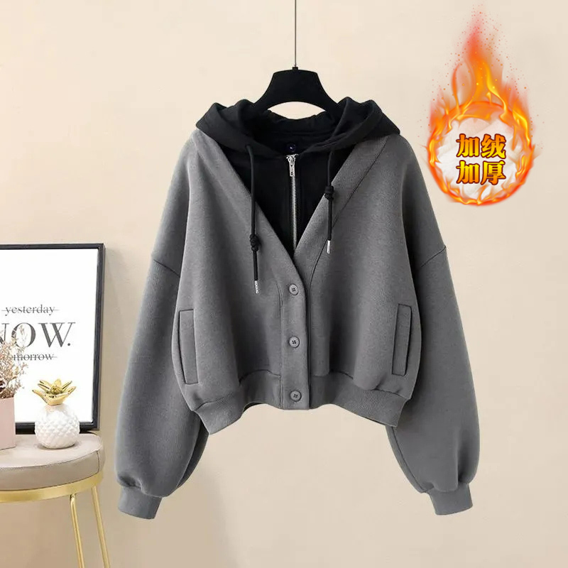 Autumn and winter new sweatshirts fake two-piece short tops for small people plus velvet and thickening popular women's clothing