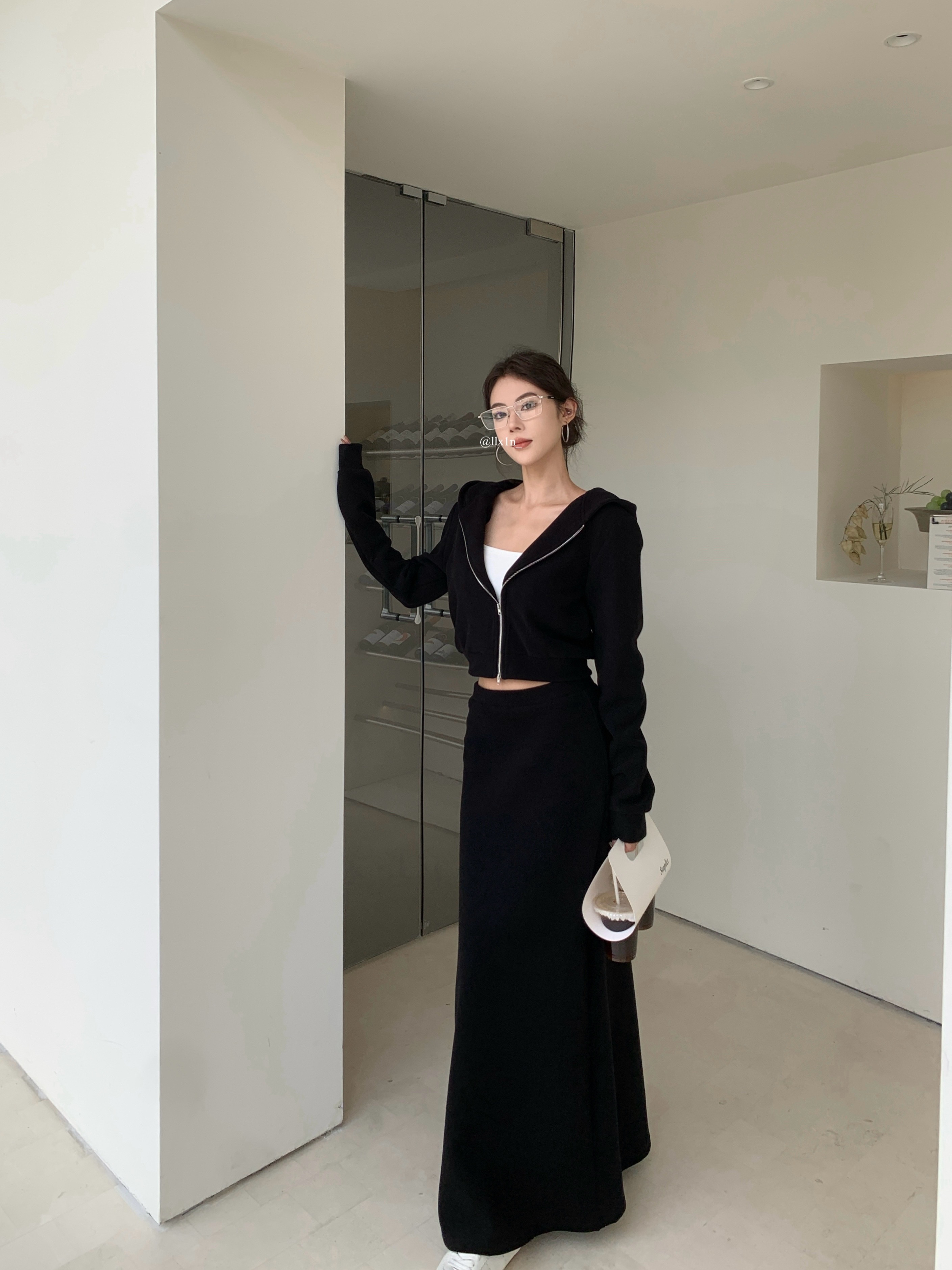 Photographed Lazy Commute Hooded Zip-Up Sweatshirt Solid Color Versatile A-Line Skirt Two-Piece Set