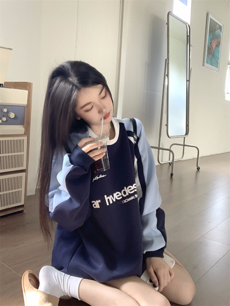 實拍   美式復古字母印花寬鬆休閒百搭顯瘦撞色插肩長袖衛衣