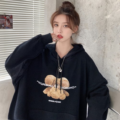 Autumn Korean version 2024 new loose medium-length cute bear print hooded age-reducing large size long-sleeved sweatshirt for women