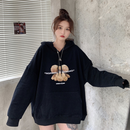 Autumn Korean version 2024 new loose medium-length cute bear print hooded age-reducing large size long-sleeved sweatshirt for women