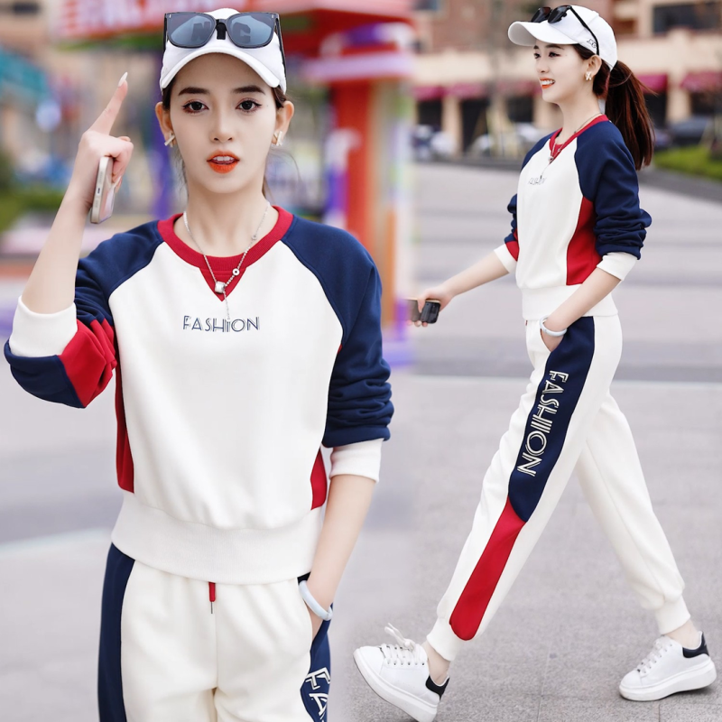 New fashionable round neck, loose, casual and stylish, age-reducing and slimming spring and autumn sweatshirt and trousers two-piece set