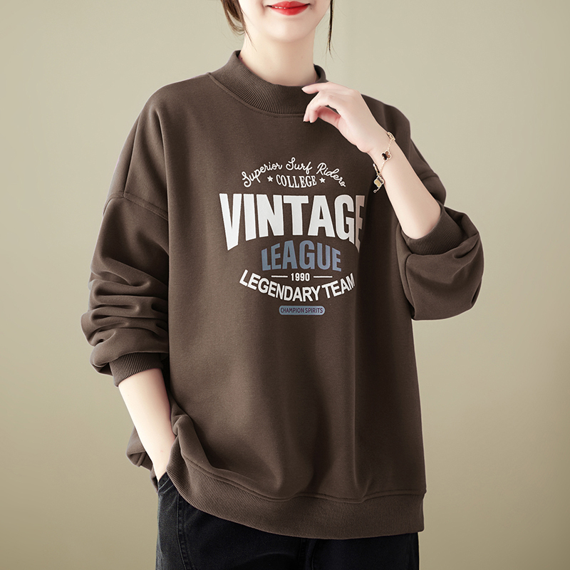 New Autumn and Winter Versatile Half-Turtle Collar Fashion Letter Printed Velvet Round Neck Loose Sweatshirt