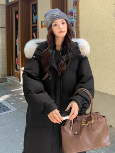 Long down jacket for women 2024 new winter fur collar over-the-knee thickened coat for women this year's popular winter clothing