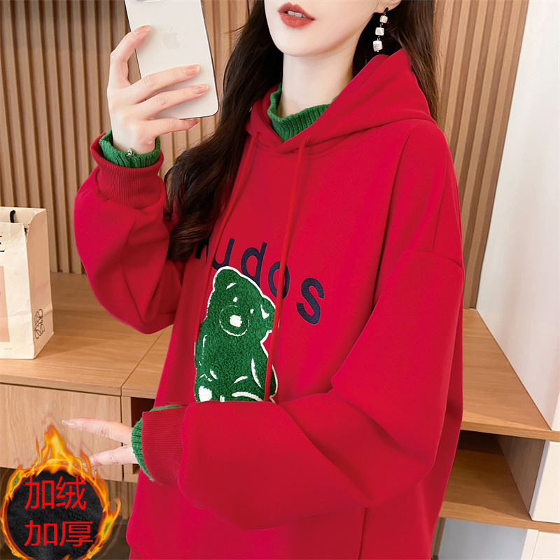 Pure cotton Chinese cotton composite silver fox velvet/embroidered hooded wool splicing plus velvet sweatshirt