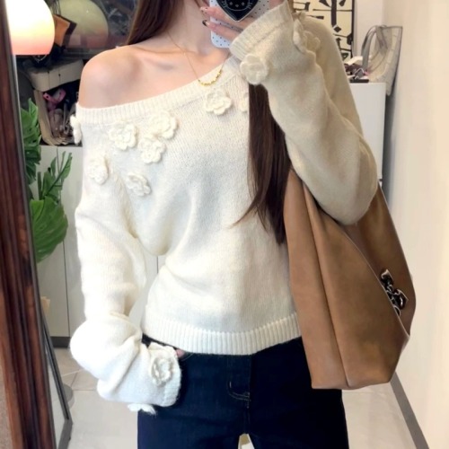 2024 Autumn New Style Knitted Sweater Casual Korean Style Pure Desire High-level 3D Flower Slant Collar Off-Shoulder Slim Sweater