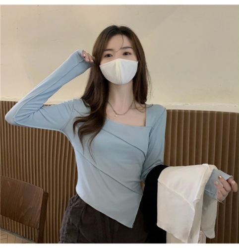 Threaded Autumn and Winter Hot Girl Slim Fit Irregular Top Trendy Ins Girl Square Neck T-Shirt Long Sleeve