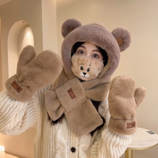 Bear hat women's winter new hat scarf all-in-one glove hat winter scarf versatile cute warm ear protection