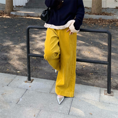 Actual shot of Korean retro high-quality tailored yellow washed corduroy wide-leg pants