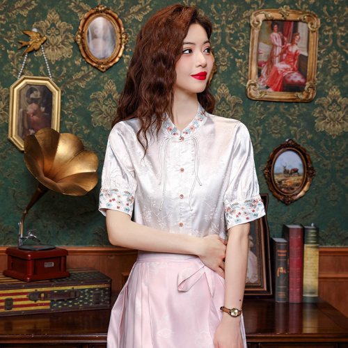 Real shot of national style jacquard embroidery stand collar silk short-sleeved shirt for women summer 2024 new Chinese style top matching